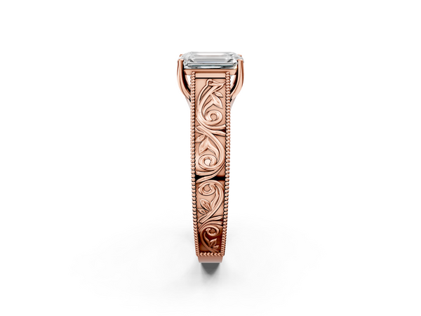 Rose gold Emerald Cut Diamond Solitaire Ring with Engraved Band and Four-Prong Setting