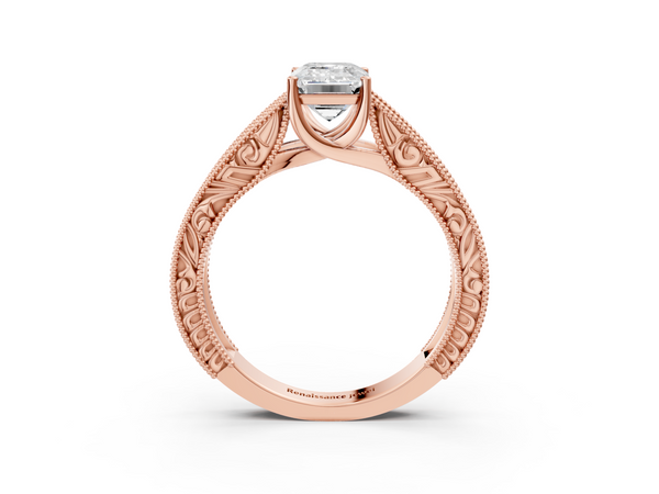 Rose gold Emerald Cut Diamond Solitaire Ring with Engraved Band and Four-Prong Setting