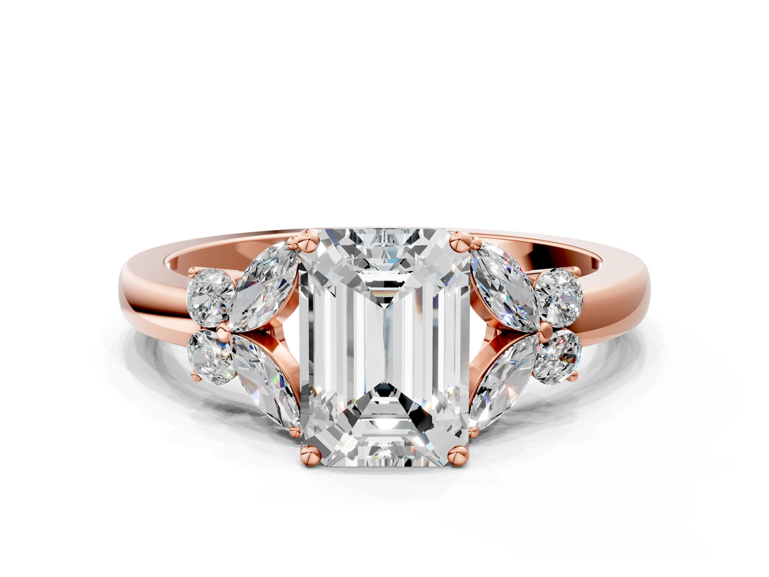 Rose gold Emerald Cut Solitaire Floral Diamond Ring with Four-Prong Setting_48