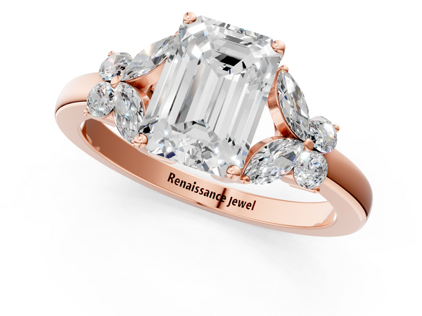 Rose gold Emerald Cut Solitaire Floral Diamond Ring with Four-Prong Setting