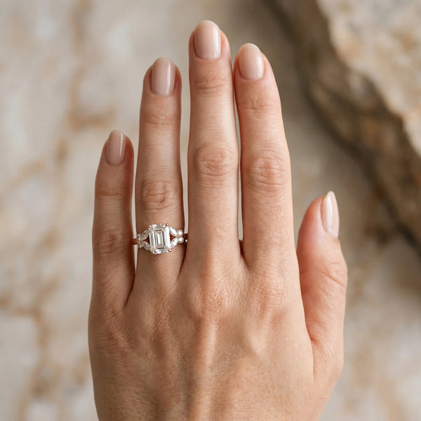 Rose gold Emerald Cut Solitaire Floral Diamond Ring with Four-Prong Setting