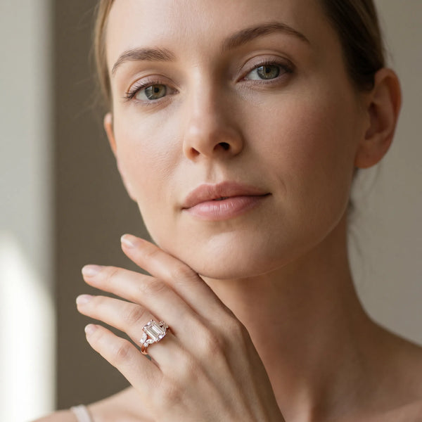 Rose gold Emerald Cut Solitaire Floral Diamond Ring with Four-Prong Setting