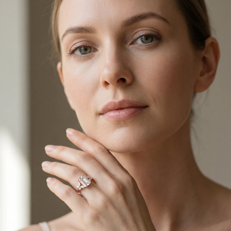 Rose gold Emerald Cut Solitaire Floral Diamond Ring with Four-Prong Setting
