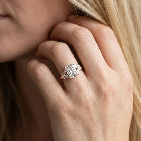 Rose gold Emerald Cut Solitaire Floral Diamond Ring with Four-Prong Setting