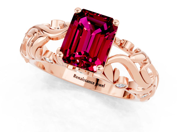 Rose gold Emerald Cut Solitaire Garnet Leaf-Inspired Vine Band Ring with Prong Setting