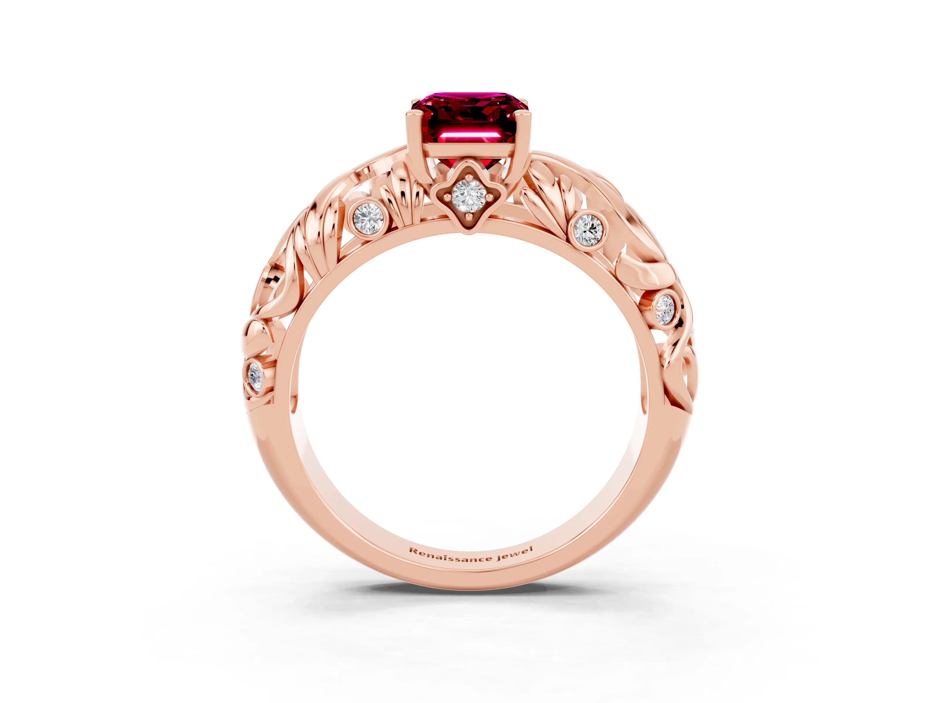 Rose gold Emerald Cut Solitaire Garnet Leaf-Inspired Vine Band Ring with Prong Setting_3
