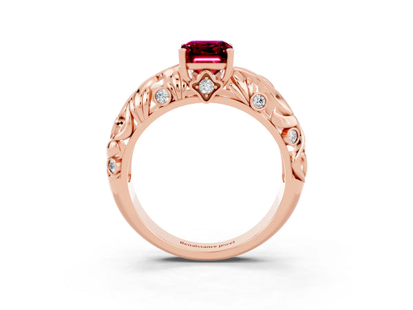 Rose gold Emerald Cut Solitaire Garnet Leaf-Inspired Vine Band Ring with Prong Setting