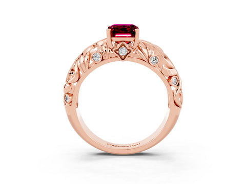 Rose gold Emerald Cut Solitaire Garnet Leaf-Inspired Vine Band Ring with Prong Setting_3