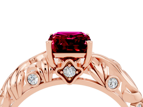 Rose gold Emerald Cut Solitaire Garnet Leaf-Inspired Vine Band Ring with Prong Setting_4