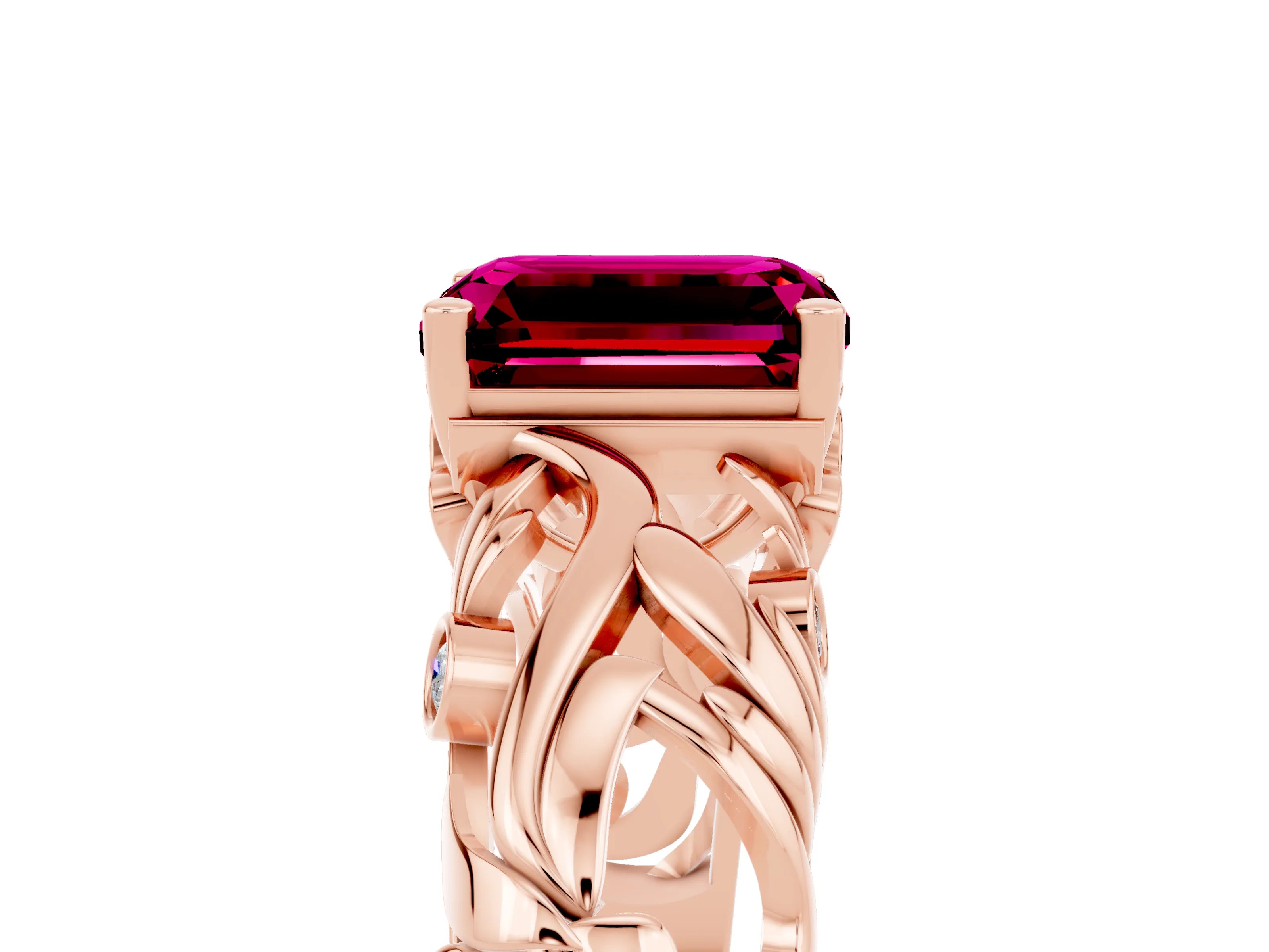 Rose gold Emerald Cut Solitaire Garnet Leaf-Inspired Vine Band Ring with Prong Setting_5