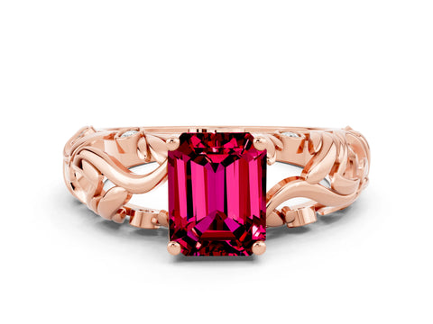 Rose gold Emerald Cut Solitaire Garnet Leaf-Inspired Vine Band Ring with Prong Setting