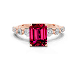 Rose gold Emerald Cut Solitaire Garnet Ring with Pave Band and Four-Prong Setting
