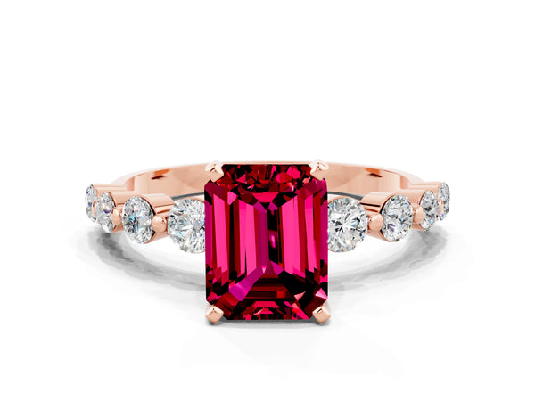 Rose gold Emerald Cut Solitaire Garnet Ring with Pave Band and Four-Prong Setting