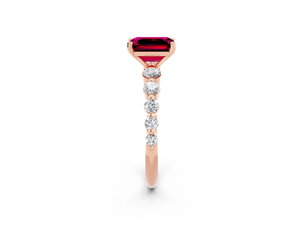 Rose gold Emerald Cut Solitaire Garnet Ring with Pave Band and Four-Prong Setting