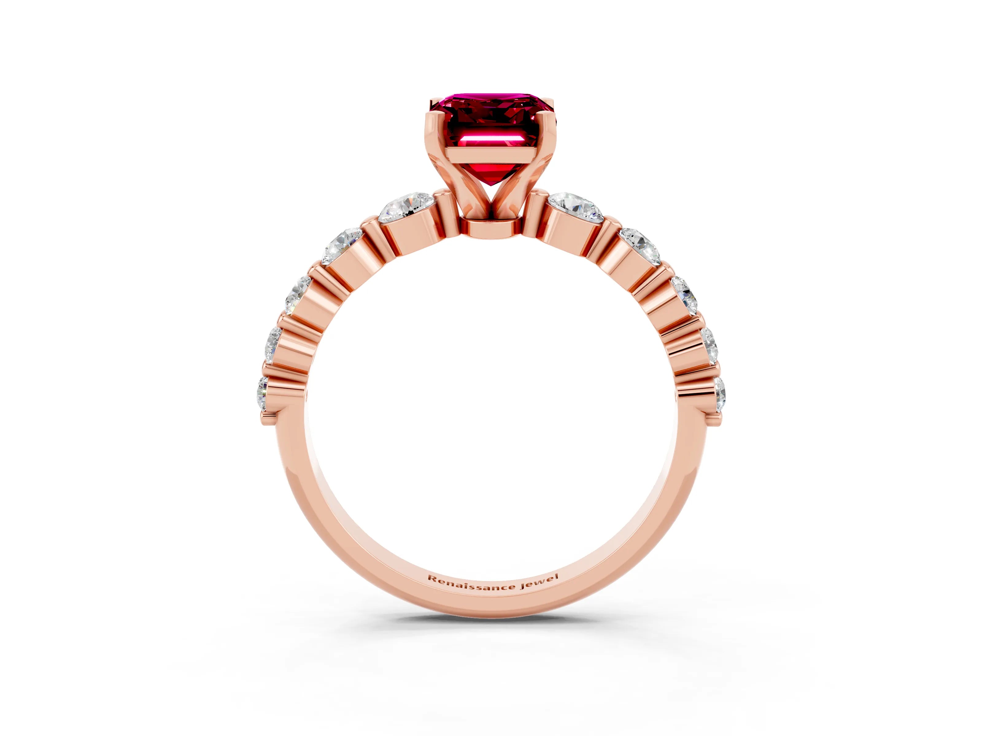 Rose gold Emerald Cut Solitaire Garnet Ring with Pave Band and Four-Prong Setting_3