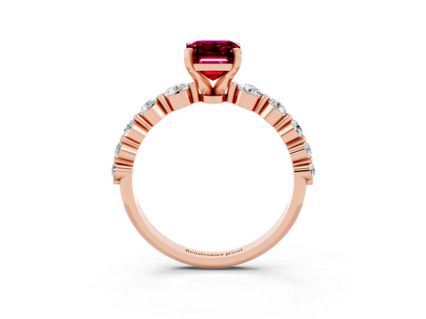 Rose gold Emerald Cut Solitaire Garnet Ring with Pave Band and Four-Prong Setting