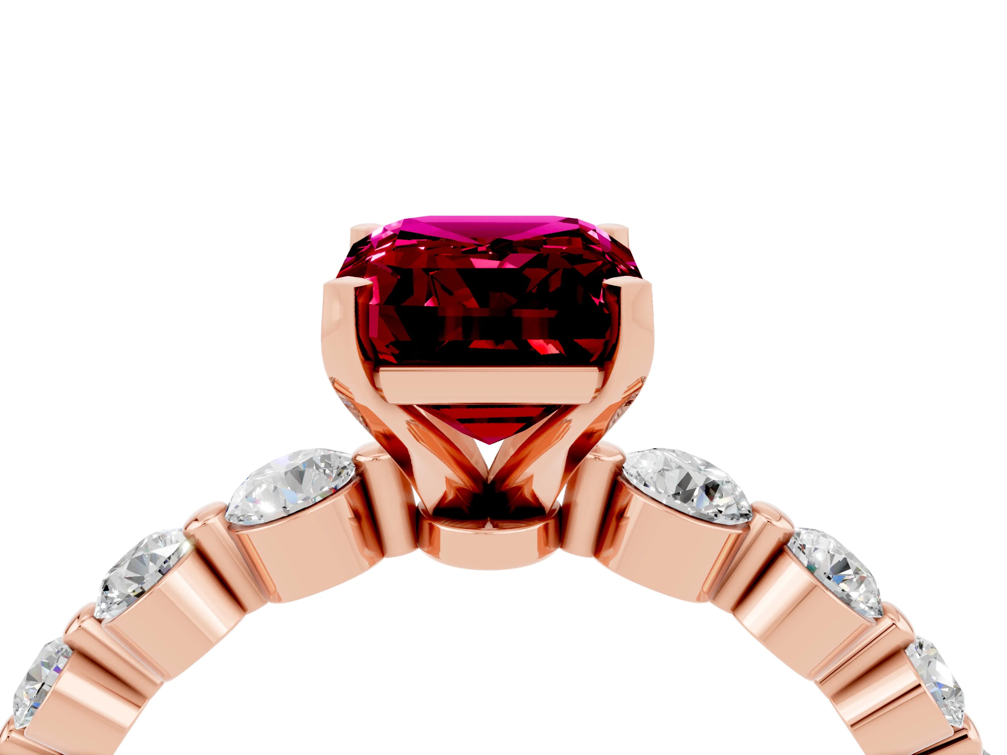 Rose gold Emerald Cut Solitaire Garnet Ring with Pave Band and Four-Prong Setting_4