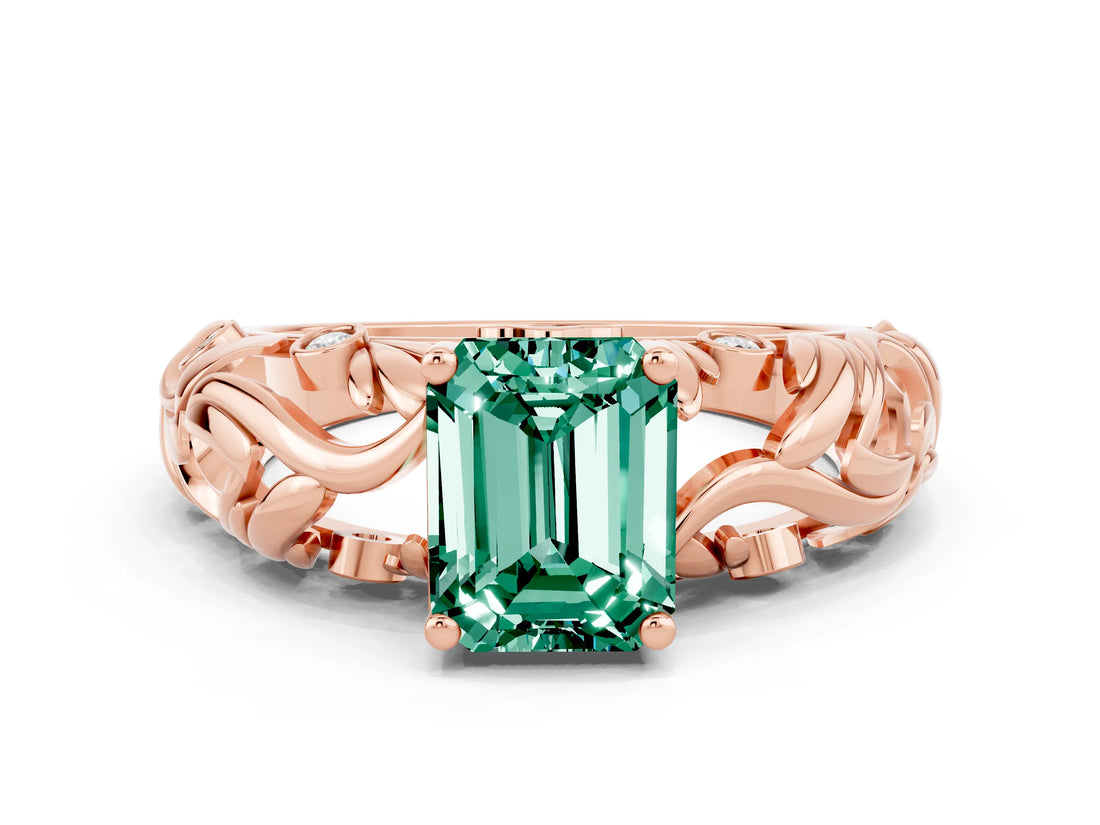 Rose gold Emerald Cut Solitaire Green Sapphire Leaf-Inspired Vine Band Ring with Prong Setting