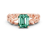Rose gold Emerald Cut Solitaire Green Sapphire Leaf-Inspired Vine Band Ring with Prong Setting