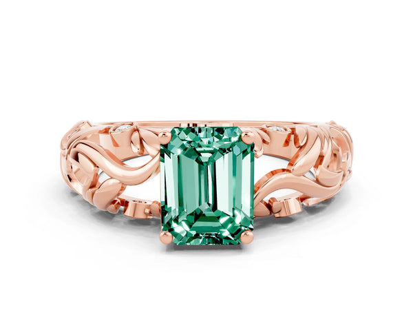 Rose gold Emerald Cut Solitaire Green Sapphire Leaf-Inspired Vine Band Ring with Prong Setting