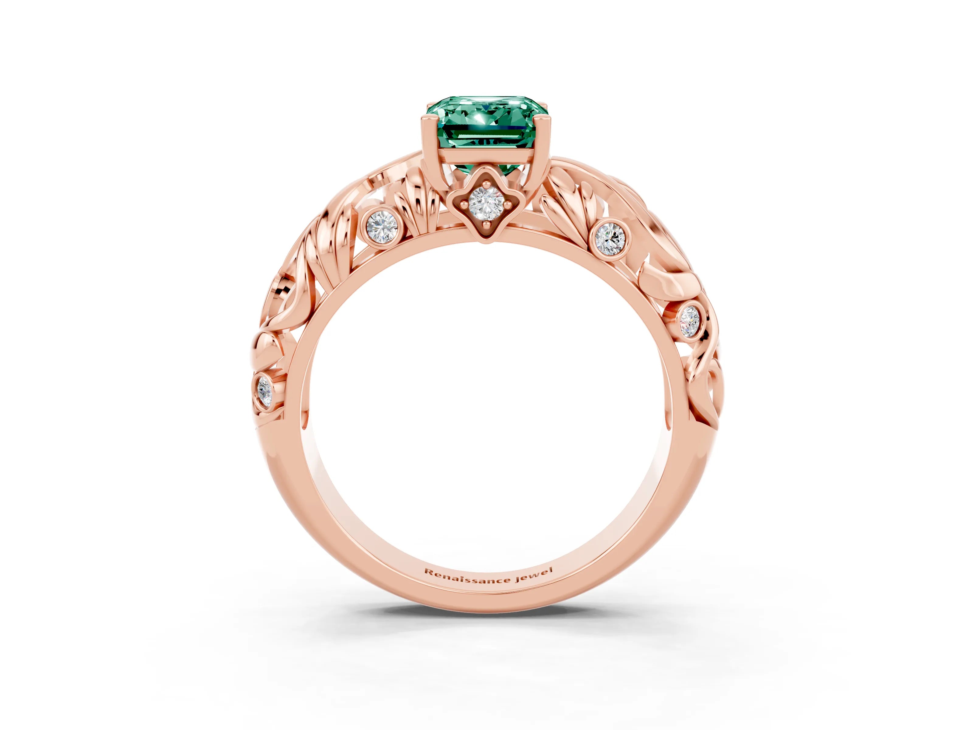 Rose gold Emerald Cut Solitaire Green Sapphire Leaf-Inspired Vine Band Ring with Prong Setting_3