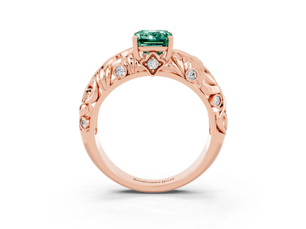 Rose gold Emerald Cut Solitaire Green Sapphire Leaf-Inspired Vine Band Ring with Prong Setting