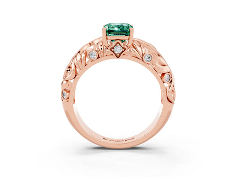 Rose gold Emerald Cut Solitaire Green Sapphire Leaf-Inspired Vine Band Ring with Prong Setting_3