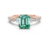 Rose gold Emerald Cut Solitaire Green Sapphire Ring with Pave Band and Four-Prong Setting