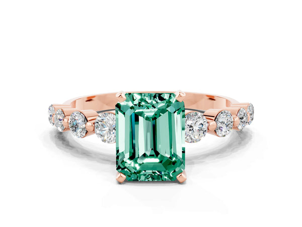 Rose gold Emerald Cut Solitaire Green Sapphire Ring with Pave Band and Four-Prong Setting