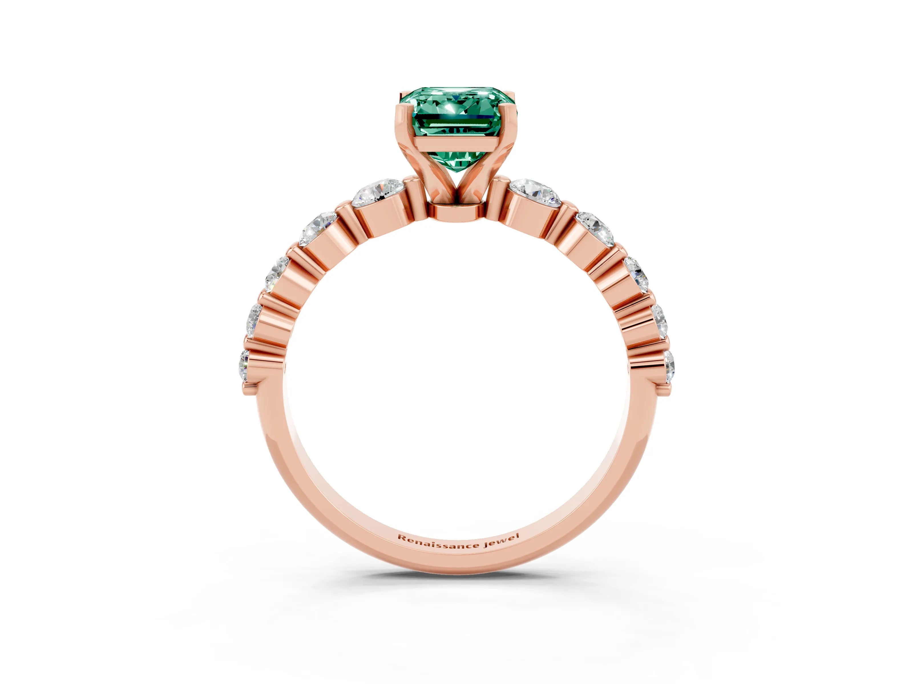 Rose gold Emerald Cut Solitaire Green Sapphire Ring with Pave Band and Four-Prong Setting_3