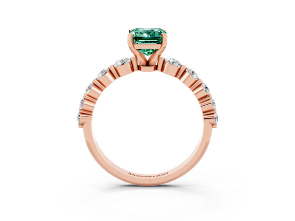 Rose gold Emerald Cut Solitaire Green Sapphire Ring with Pave Band and Four-Prong Setting
