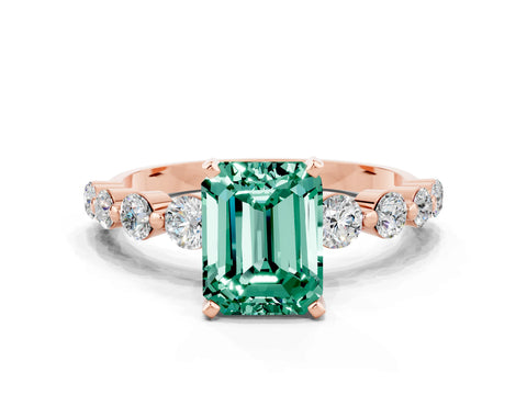 Rose gold Emerald Cut Solitaire Green Sapphire Ring with Pave Band and Four-Prong Setting