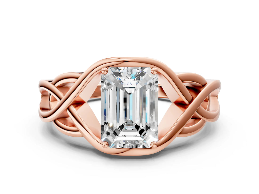 Rose gold Emerald Cut Solitaire Intertwined Band Prong Setting Ring_14