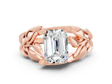 Rose gold Emerald Cut Solitaire Leaf-Inspired Engagement Ring with Prong Setting