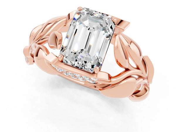 Rose gold Emerald Cut Moissanite Leaf-Inspired Engagement Ring with Round Accents and Prong Setting