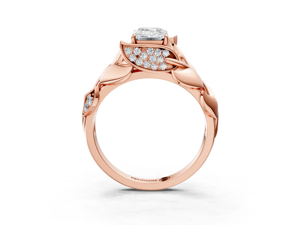 Rose gold Emerald Cut Solitaire Leaf-Inspired Engagement Ring with Prong Setting
