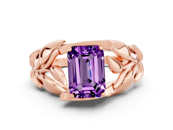 Rose gold Emerald Cut Amethyst Leaf-Inspired Engagement Ring with Round Accents and Prong Setting