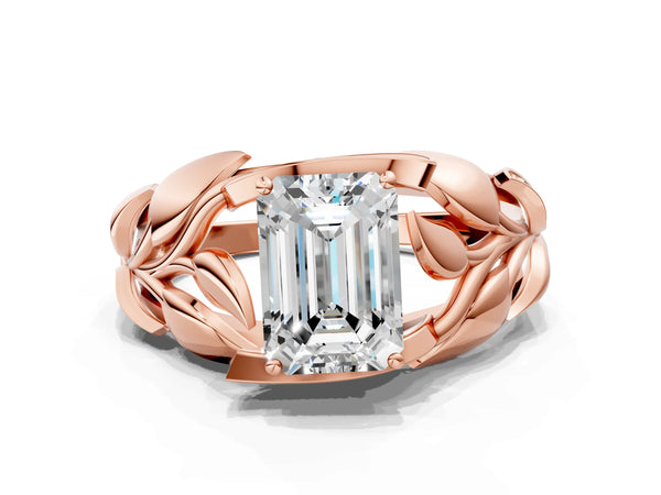 Rose gold Emerald Cut Solitaire Leaf-Inspired Engagement Ring with Prong Setting