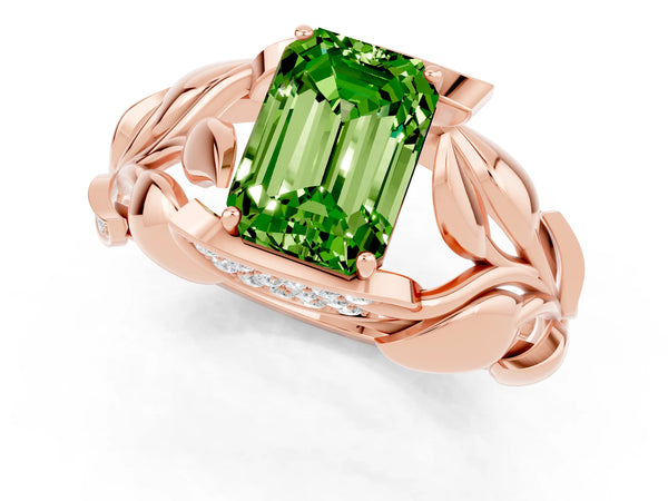 Rose gold Emerald Cut Solitaire Leaf-Inspired Engagement Ring with Prong Setting