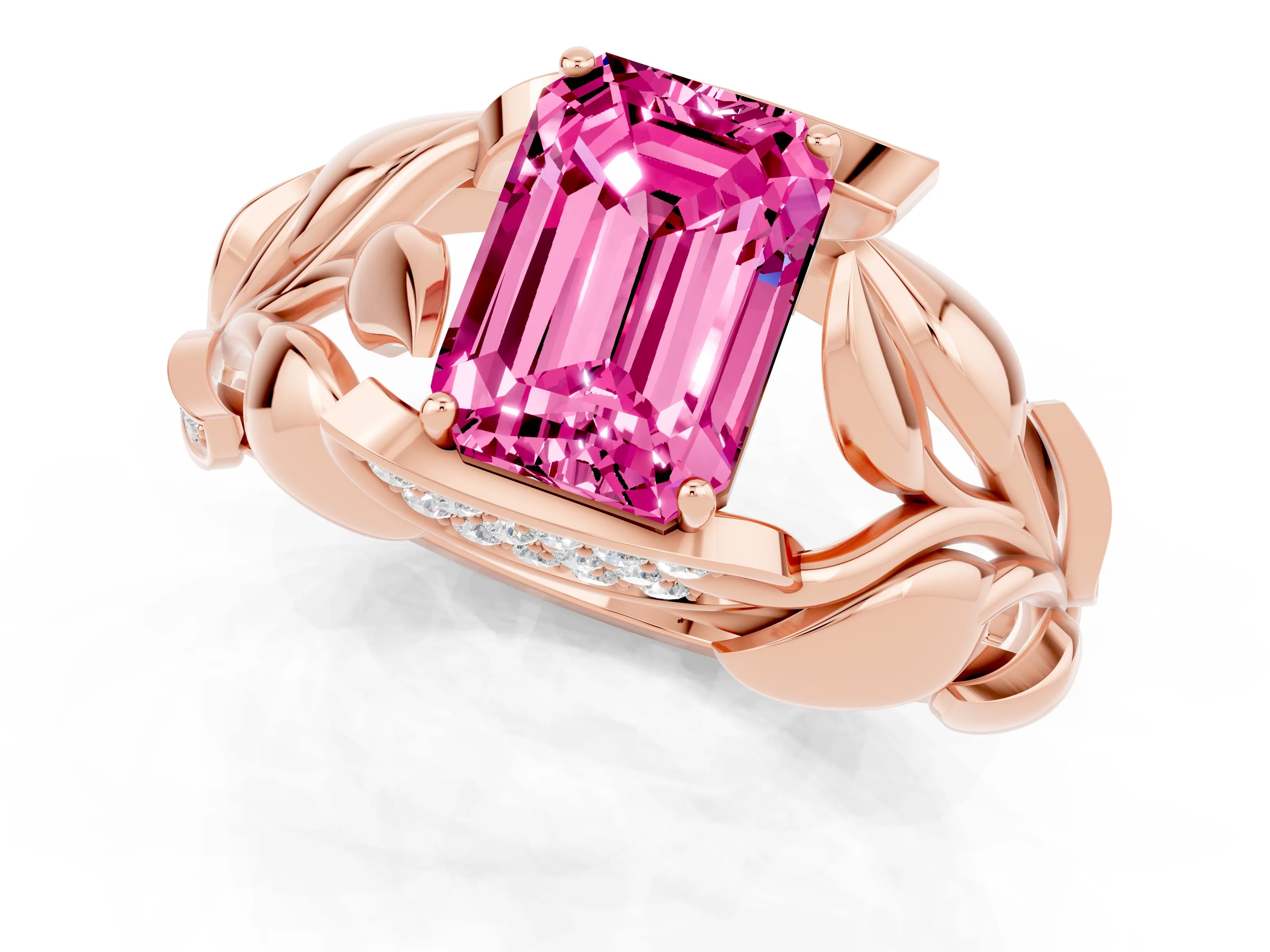 Rose gold Emerald Cut Solitaire Leaf-Inspired Engagement Ring with Prong Setting_1