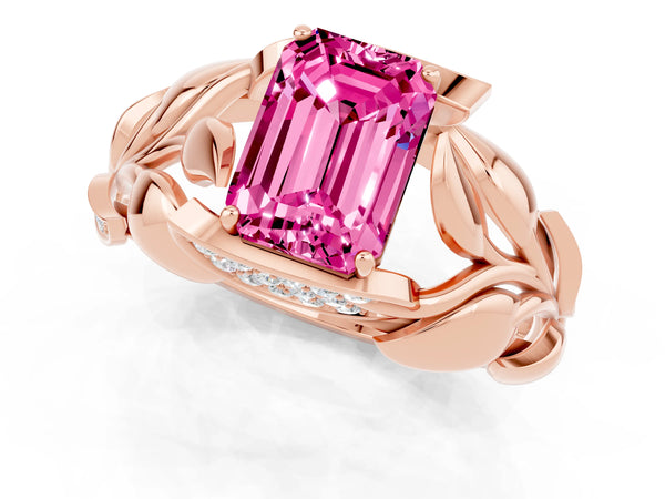 Rose gold Emerald Cut Pink Sapphire Leaf-Inspired Engagement Ring with Round Accents and Prong Setting