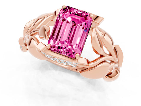 Rose gold Emerald Cut Solitaire Leaf-Inspired Engagement Ring with Prong Setting_1