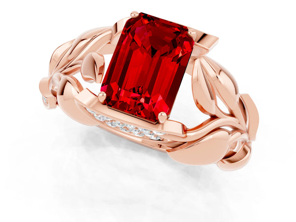 Rose gold Emerald Cut Ruby Leaf-Inspired Engagement Ring with Round Accents and Prong Setting