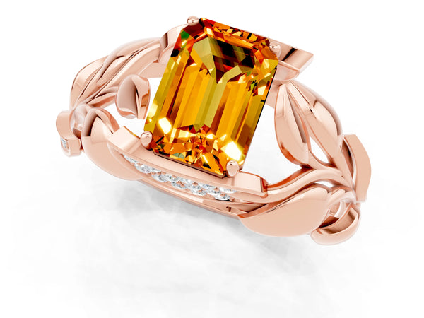 Rose gold Emerald Cut Citrine Leaf-Inspired Engagement Ring with Round Accents and Prong Setting
