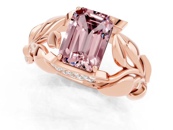 Rose gold Emerald Cut Solitaire Leaf-Inspired Engagement Ring with Prong Setting