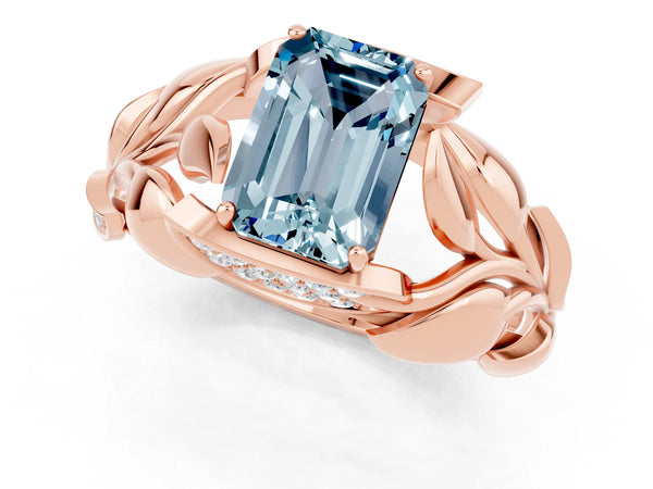 Rose gold Emerald Cut Aquamarine Leaf-Inspired Engagement Ring with Round Accents and Prong Setting