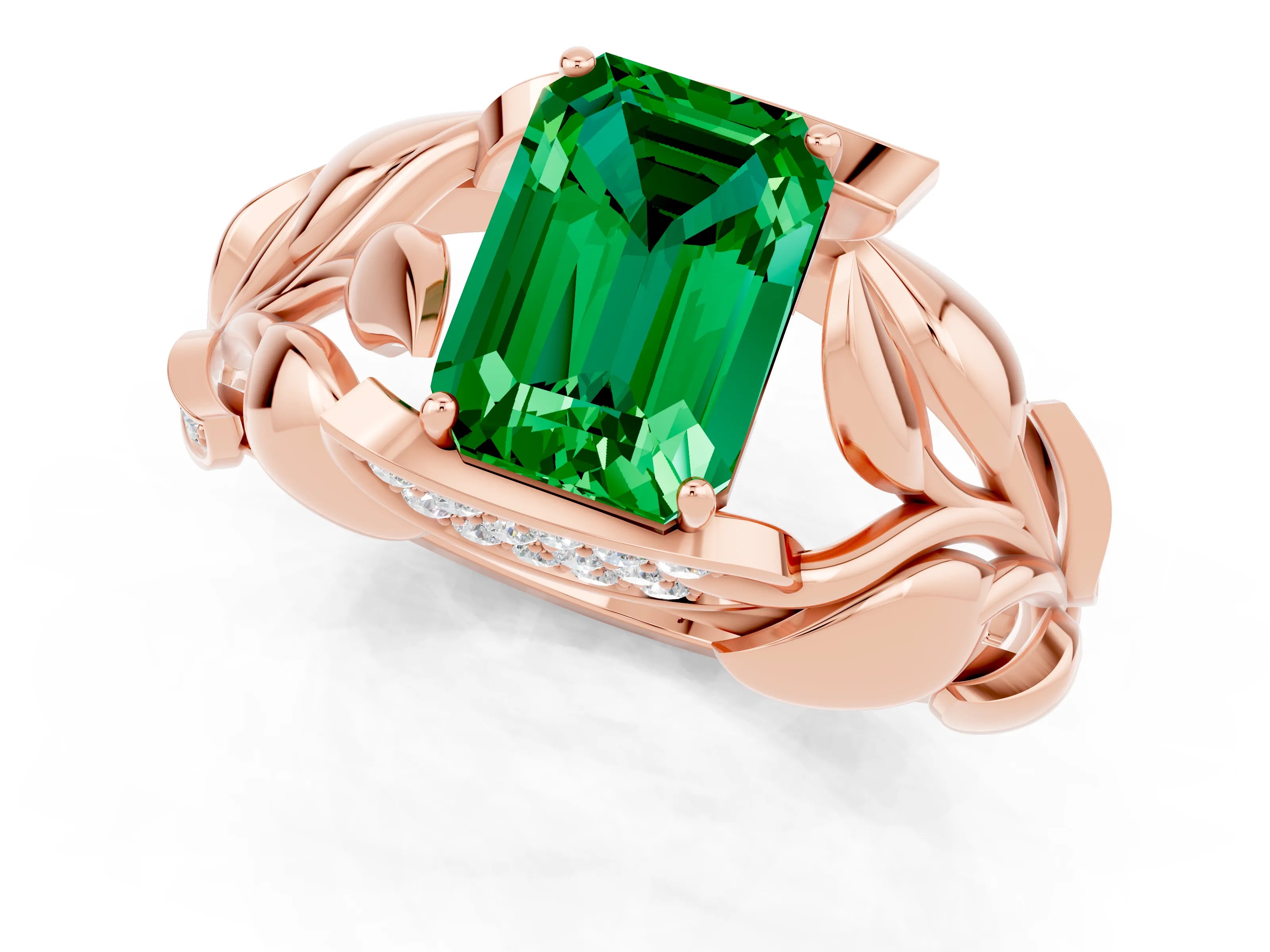 Rose gold Emerald Cut Solitaire Leaf-Inspired Engagement Ring with Prong Setting_1