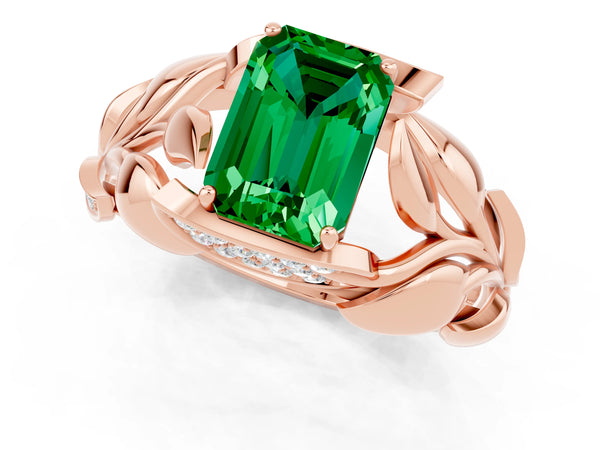 Rose gold Emerald Cut Emerald Leaf-Inspired Engagement Ring with Round Accents and Prong Setting