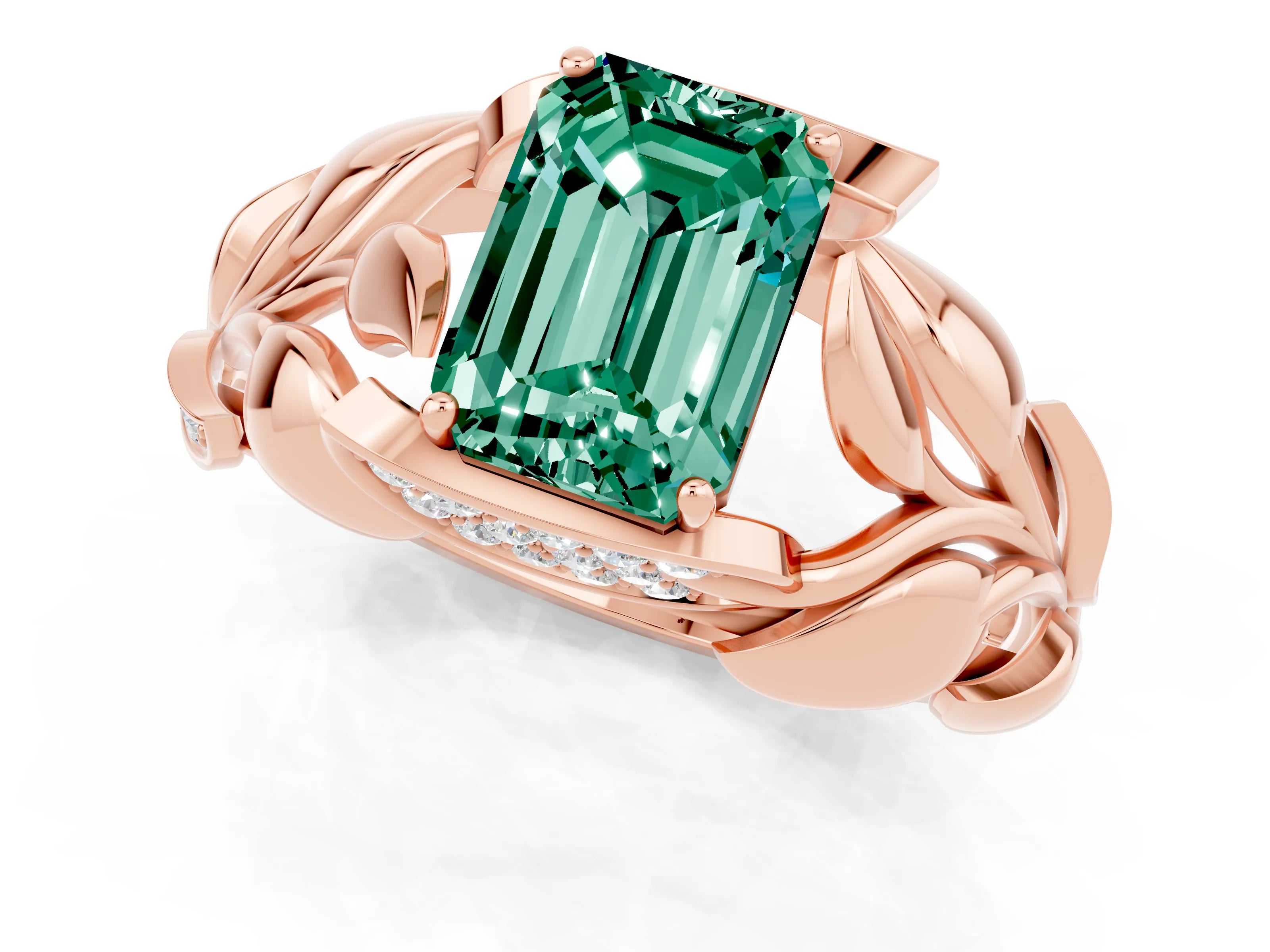 Rose gold Emerald Cut Solitaire Leaf-Inspired Engagement Ring with Prong Setting_1