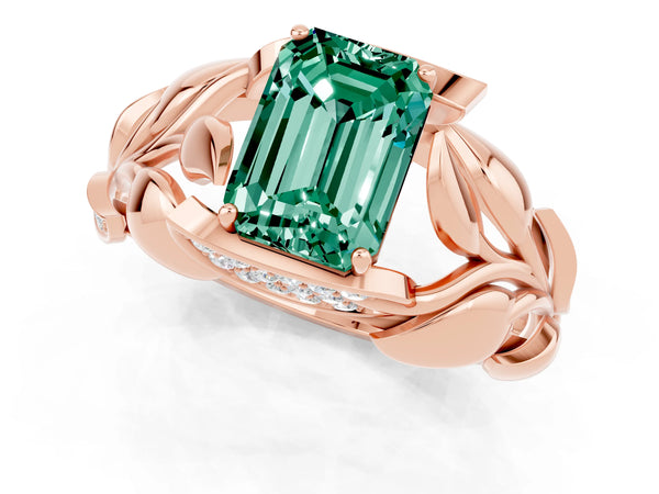Rose gold Emerald Cut Green Sapphire Leaf-Inspired Engagement Ring with Round Accents and Prong Setting
